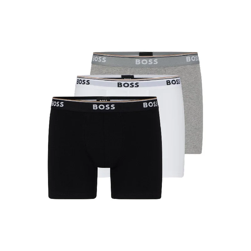 BOSS 3 Pack Power Cotton Stretch Boxer Briefs - Black/White/Grey