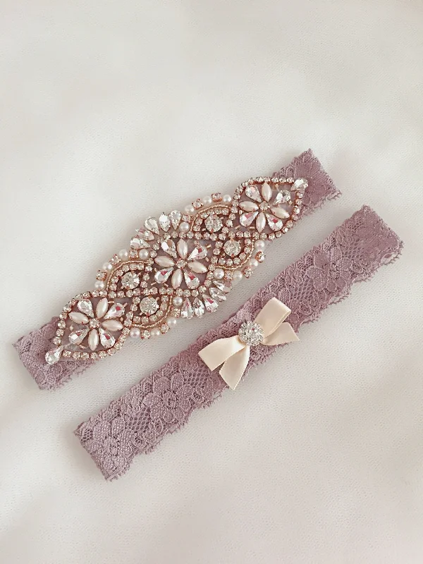 JUDY | Rose Gold Lavender Wedding,Rustic Wedding Garter Set Lavender Rose Gold,Bridal Garter Set