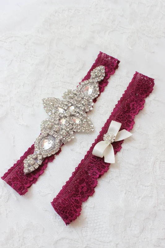 KENNA | Burgundy / Red Wine Lace Wedding Garter Set with Crystals