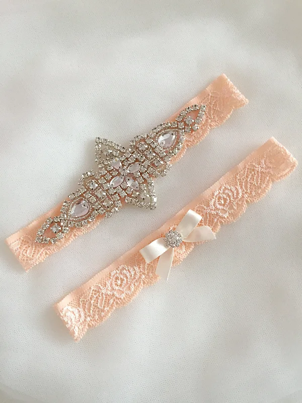 KENNA |Wedding Garter Set Crystals, Pastel Peach Wedding, Peach Bridal Accessories