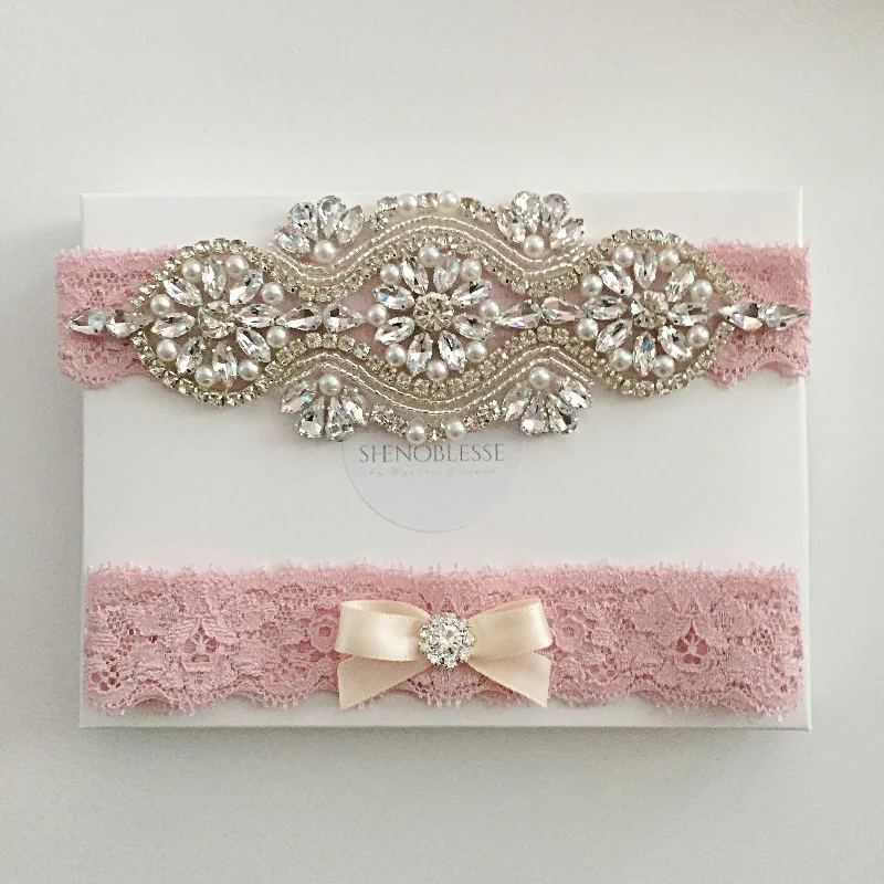 LEILA | Dusty Pink Lace Wedding Garter Set with Crystals and Pearls