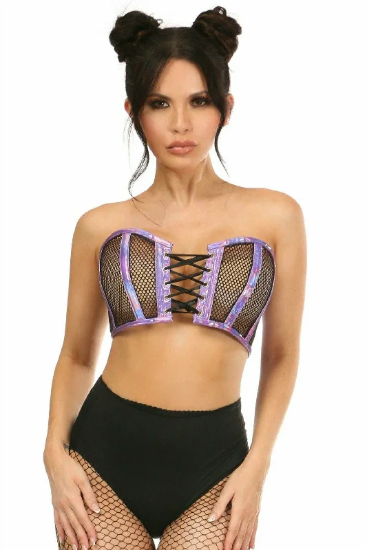 Lavish Purple Holo & Fishnet Lace-Up Short Bustier Top