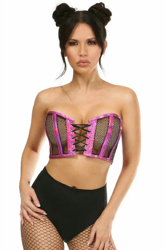 Lavish Fuchsia Holo & Fishnet Lace-Up Short Bustier Top