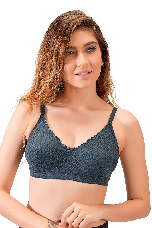 Simran-Non Padded Non Wired Cotton Solid Bra  Melange Navy Blue