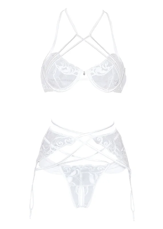 Elvira Lace Bra, Thong and Suspender (White)